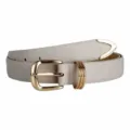 Elegant light grey leather belt with gold metal buckle, triple ring and tip detail. - 100cm / Beige
