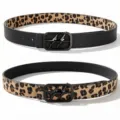 Reversible black and leopard print belt with vintage metal four-pointed star buckle - 110cm / Black Buckle Leopard Litchi Grain