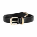 Detailed view of black leather belt featuring gold metal buckle and triple ring loops - 100cm / Black