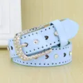 Sweet light blue patent leather belt with heart cut-outs and sparkly rhinestone buckle - Light Sky Blue / 110cm