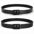 Black leather belt with vintage metal star buckle, showing smooth and pebbled textures - 110cm / Black Buckle Solid Black Litchi Grain