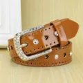 Brown patent leather belt with heart cutouts and sparkling rhinestones for women - Coffee / 110cm