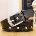 Shiny black patent leather belt for women with heart cutouts and sparkling rhinestones - Black / 110cm