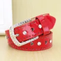 Vibrant glossy red women's belt featuring elegant heart cutouts and sparkling rhinestone buckle - Red / 110cm