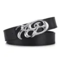 Vintage American style black leather belt with unique silver stylized metal buckle - Litchi Pattern (P0702) / Black (Silver Buckle)