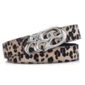 Leopard print faux fur textured belt featuring a stylized silver-tone BB metal buckle - Litchi Pattern (P0702) / Silver Buckle Leopard