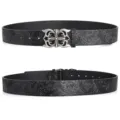 Black embossed leather belt vintage floral pattern silver metal cross buckle unisex fashion accessory - 110cm / Style D Black
