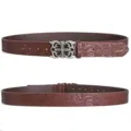 Brown embossed leather belt with vintage silver floral metal buckle for men and women stylish - Style D Burgundy