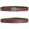 Retro brown embossed leather belt with intricate silver cross metal buckle for unisex wear. - Style E Burgundy