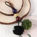 Vintage PU leather pom pom tassel bag charm with colorful wood beads pendant accessories. - Grass Green + Black