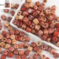 Detail shot of square wooden beads with red pattern, 8mm natural wood DIY spacer beads. - Square Bead (8mm) / 50 Pieces/Pack