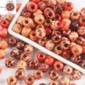 Natural wood beads patterned barrel loose beads DIY jewelry making bracelet accessories - Round Bead (11x9mm) / 50 Pieces/Pack
