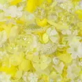 Close-up of yellow frosted and iridescent AB acrylic flower petal and leaf beads - 100g Pack (Approx 190 Pieces) / Yellow Mix (10)