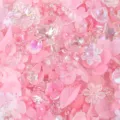 Detailed close-up showing pink frosted AB acrylic flower and leaf beads for DIY jewelry - Soft Pink Mix (07)