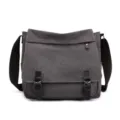 Detailed front view of a grey canvas messenger bag with leather buckle straps. - Gray