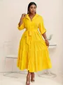 Elegant yellow plus size midi shirt dress with polo collar and waist tie for autumn. - 1XL / Dresses / Yellow