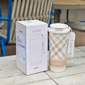 550ml Edelstahl-Kaffeebecher mit beigem Karomuster und praktischem Trageriemen - 500ml / Weiß Kariert (WB-9058)