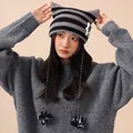 Cute cat ear striped knitted beanie with star patch and pom-poms for women - Black Grey Stripe