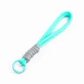 Close-up detail of 16cm mint green hand-woven lanyard with a matching circular carabiner - Woven Style (04) / Mint Green/Gray