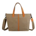 Grand sac cabas en toile kaki avec poignées en cuir orange et bandoulière amovible - Kaki