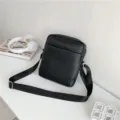 Minimalist men's textured black PU leather crossbody shoulder bag with stylish wide webbed strap - Shoulder Crossbody (907-1) / Black