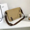 Khaki canvas messenger bag for men with adjustable brown strap - Khaki