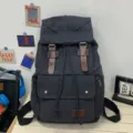 Classic dark gray street style canvas backpack with leather straps and drawstring - Black