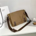 Brown canvas messenger bag for men, vintage preppy style large capacity shoulder bag - Coffee