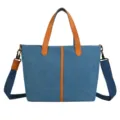 Sac cabas décontracté en toile bleue avec poignées en cuir marron et bandoulière - Bleu