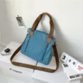 Retro large capacity blue canvas tote bag with multi-zipper pockets and brown straps - Blue
