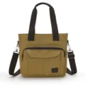 Durable khaki canvas tote bag with brown straps and multi-compartment design for women - Khaki