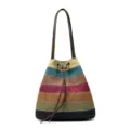Artistic multicolor striped canvas tote bag with drawstring and long brown shoulder straps - Rainbow