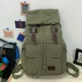 Classic army green canvas drawstring backpack with leather straps for school or travel - Army Green