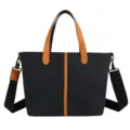Sac cabas en toile noire avec poignées en cuir marron et bandoulière réglable - Noir