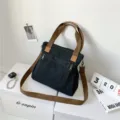 Retro black canvas tote bag with multi-compartments for women's daily commute. - Black