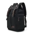 Vintage style large capacity black canvas backpack with brown faux-leather straps - Black