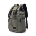 Durable vintage army green canvas backpack with brown leather straps and multi pockets - Green
