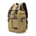 Large khaki canvas backpack with vintage leather straps for travel and school - Khaki