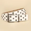 White punk style leather belt with double prong buckle, metal grommets and star studs for jeans. - 110cm / White