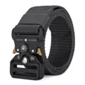 Detail of tactical nylon belt featuring quick-release cobra buckle and built-in compass - Gray