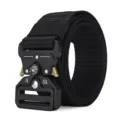 Close-up of tactical nylon belt with metal cobra buckle and integrated compass. - Black
