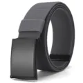 Detail shot of the grey elastic nylon belt with a sleek black metal buckle for casual wear. - Black Buckle Grey