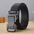 Detail view of black nylon tactical belt for men featuring durable automatic metal buckle. - P0140B / 120cm / Black