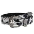 Retro cow print studded leather belt detail with intricate carved silver metal buckle and rivets. - Style A Black Leopard Print / 120cm