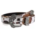 Western cow print leather belt with vintage floral engraved metal buckle and metal studs detail. - Style A Coffee Leopard Print