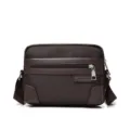 Business casual men's dark brown oxford cloth cross-body messenger bag with front pocket - Horizontal Style (618) / Brown