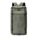 Large capacity green canvas travel backpack with cylindrical design for outdoor activities. - Green