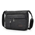 Men's dark grey canvas shoulder bag featuring multiple functional zipper compartments - Canvas Shoulder Bag (D7118) / Black