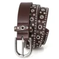Women brown leather belt with rhinestones and metal grommets, stylish punk style accessory. - 105cm / Coffee
