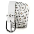 Close-up detail of white rhinestone studded belt with silver buckle and metal eyelets. - 105cm / White
